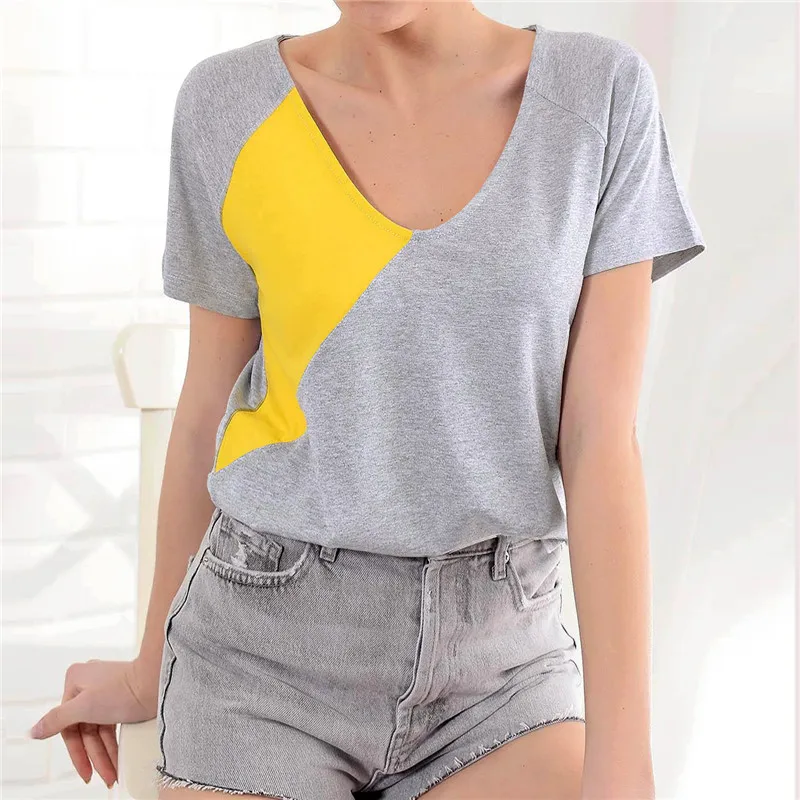 

Women Summer T Shirts Fashion Harajuku Patchwork T-Shirt Ladies Sexy V Neck Short Sleeve Top Casual Loose Tunic Tee Shirt Femme