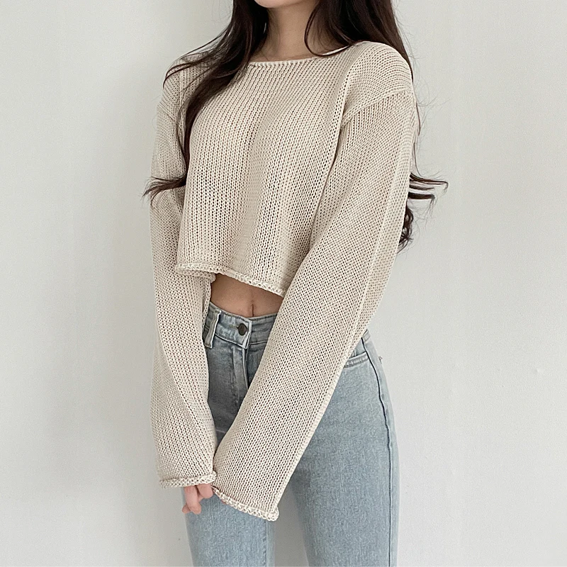

Y2k Female Pullover Long Sleeve Basic Crop Sweater Leaky Belly Button Knitted Tops Loose Knitwear Femme Pull Streetwear