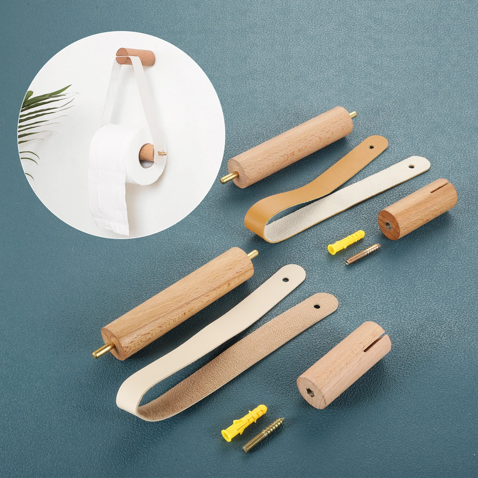 

1pc Wood+Leather/Brass Toilet Paper Holder Roll Hanging Rope Towel Rack Wall Mount Beige/Brown Home Decor Bathroom Hotel Bar