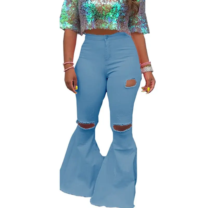 Обтягивающие рваные джинсы с высокой талией, женские расклешенные брюки, большие размеры, джинсовые Модные женские брюки с колокольчиком, сексуальные розовые желтые осенние