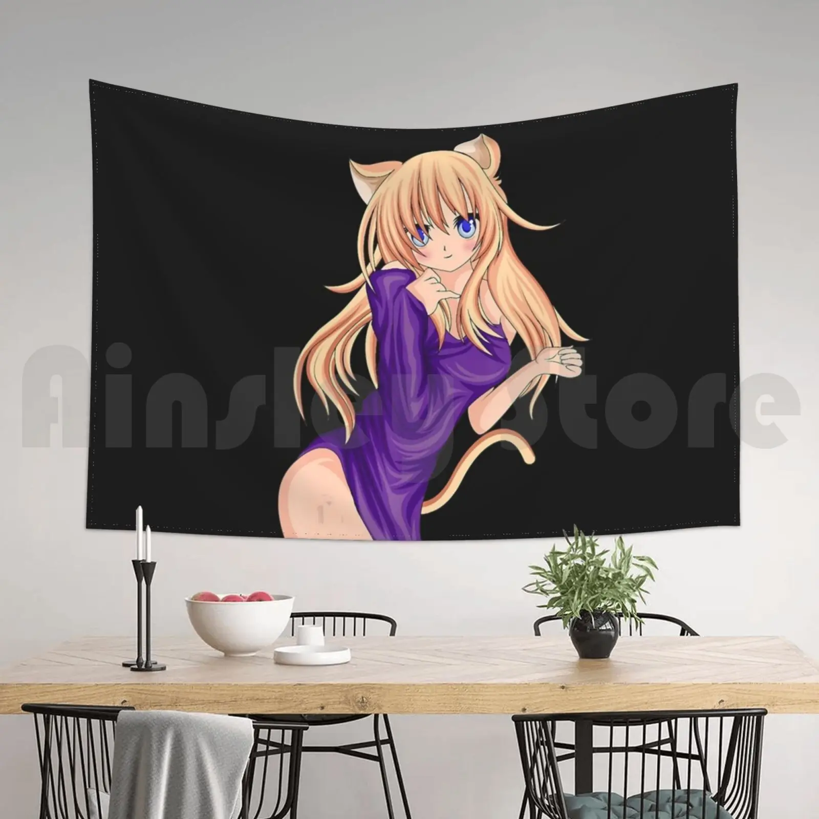 Японская аниме-девушка-кот Подарок для влюбленных Тапири Декоративное висячее изображение на фоне стены Манга Единорог.