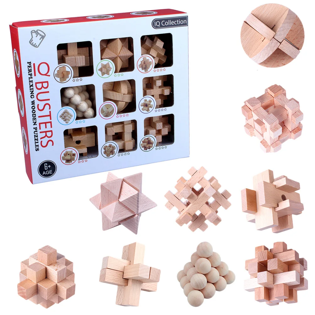 

9Pcs Wooden Brain Teaser Puzzle IQ Test Toy Kong Ming Lock Puzzle Disentanglement Puzzles Toy Unlock Interlock Game For Kids #30