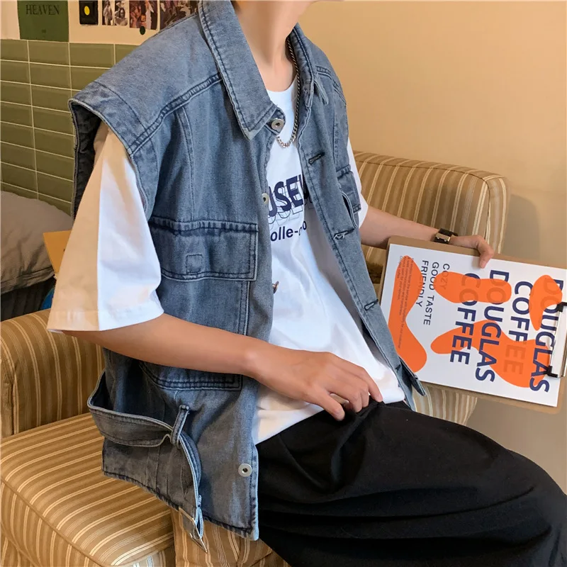 

Джинсовый жилет, мужская летняя тонкая куртка, трендовая брендовая куртка, жилет в гонконгском стиле, Повседневная Свободная куртка без рук...