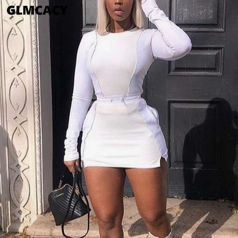 Женский комплект из двух предметов пуловер с длинным рукавом и мини юбка осенняя