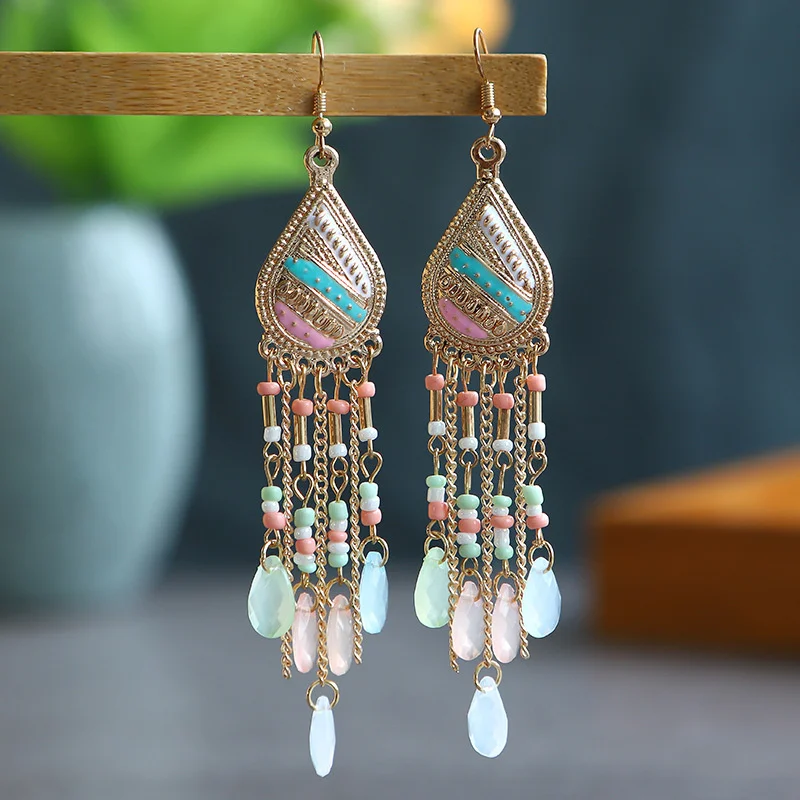 

Europe And America Multi Layer Water Drop Long Earrings Women's Creative Bohemian Rice Bead Tassel Earrings Beach Resort Style