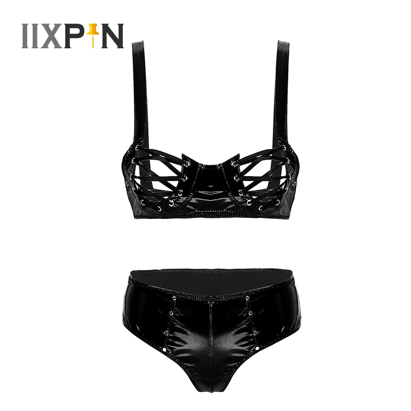 Женские сексуальные открытые чашечки комплект с бюстгальтером из лакированной