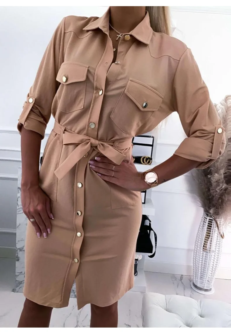 

Casual Shirt Dresses Women Autumn Dress Office Dress Buttons Turn-Down Long Sleeve Bandage Elegant Dresses Vestidos