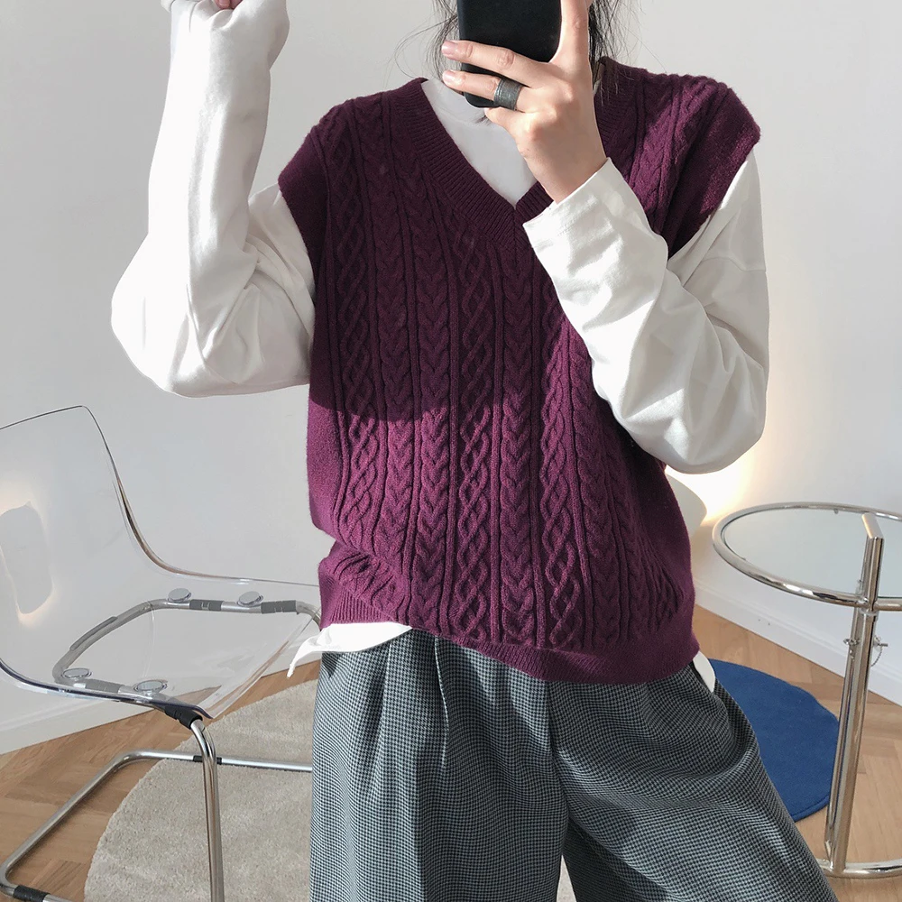 

Жилет женский однотонный свободного покроя, модный вязаный жакет без рукавов в Корейском стиле, универсальный, с V-образным вырезом, простая...