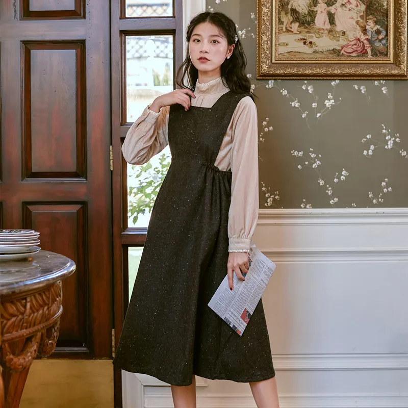 

2019 new fashion women's clothing Autumn and winter retro vest dress + long sleeve shirt dresses women dress