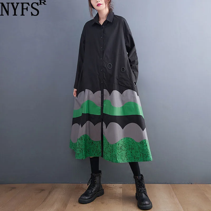 

NYFS 2022 Autumn Winter New Vintage Plus Size Printing Woman Dress Vestidos Robe Femme Elbise Loose Shirt Dress