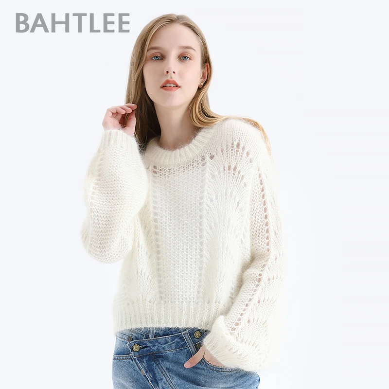 BAHTLEE Women Mohair Short Pullover Sweater Lantern Sleeves Autumn Winter Wool Knitted Jumper Loose Hollow out | Женская одежда