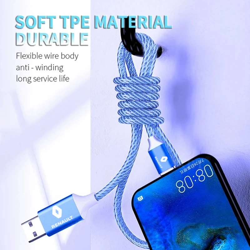

IPhone 11 12 Pro Max X XR XS 8 7 LED Wire Flow Luminous Lighting USB Cable For Renault megane 2 clio duster fluence logan captur