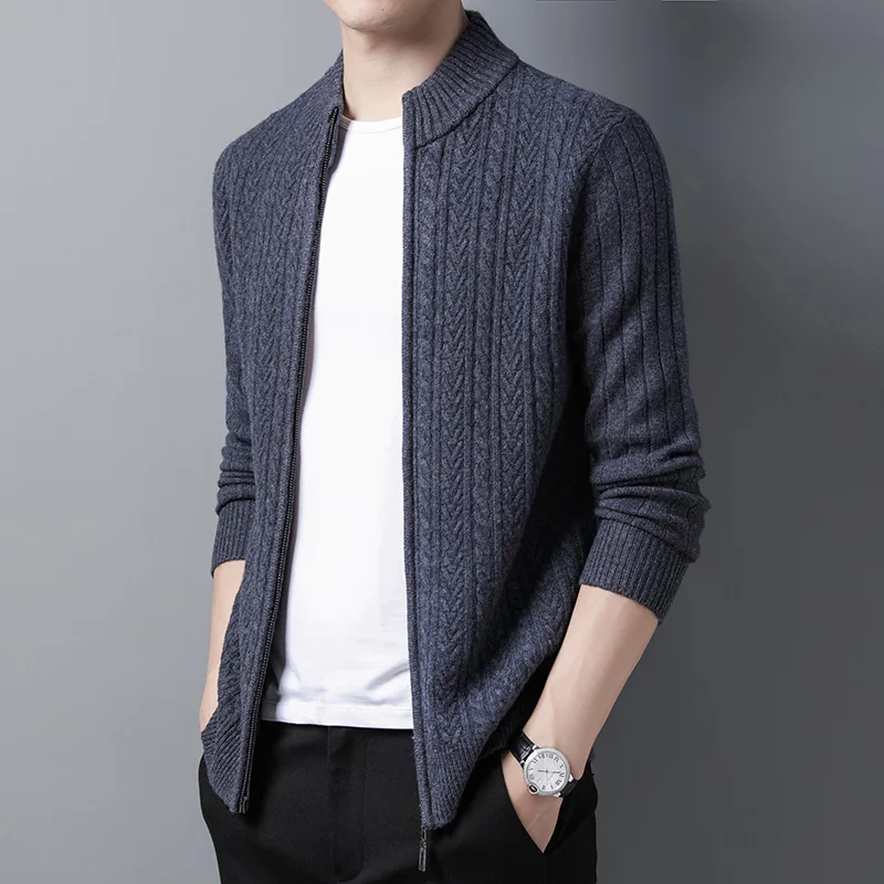 Men's 100% Sheep Wool Cardigan Autumn & Winter Cashmere Zipper Sweater Coat Male Long Sleeve Pure Wool Thick Knitwear