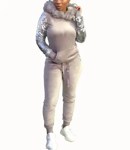 

2 pieces set Winter Faux Fur Jacket side patchwork sweatshirt women Warm Velvet Hooded Hoodies Cap Hoody Outwear loose fur coat