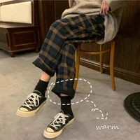 winter new plaid pants female loose straight warm pants women casual joggers trousers ladies fashion wide leg checkered pants