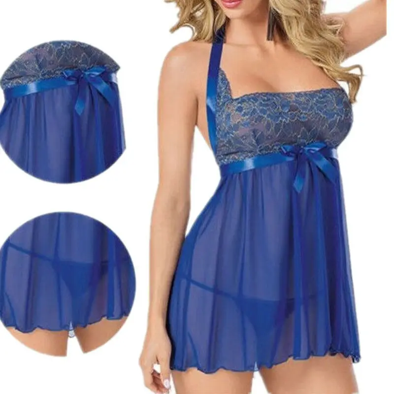 

Female Lace Sleepwear Lingerie Set Sexy Exotic Plus Size Woman Babydoll Dress Blue Backless Halter Sexy Sling Dress Seepwear