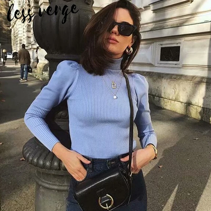 Lessverge с пышными рукавами синий вязаный свитер осень для женщин Повседневная