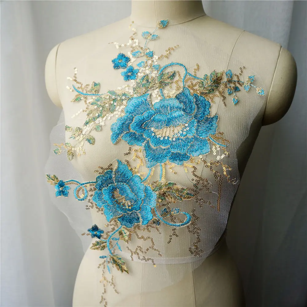 Голубой цветок пиона золотые блестки кружевная ткань вышитая искусственная