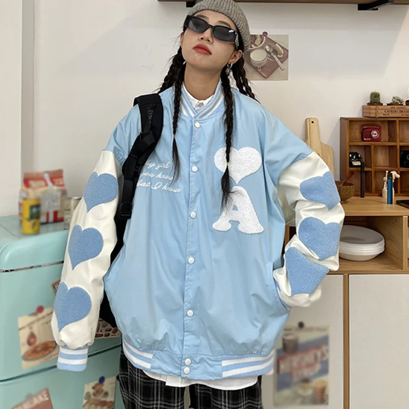 

Women Embroidered Baseball Jacket 2021 Furry Love Pattern Single-breasted Baseball Unirform Korean Style Casual Oversize Outwear