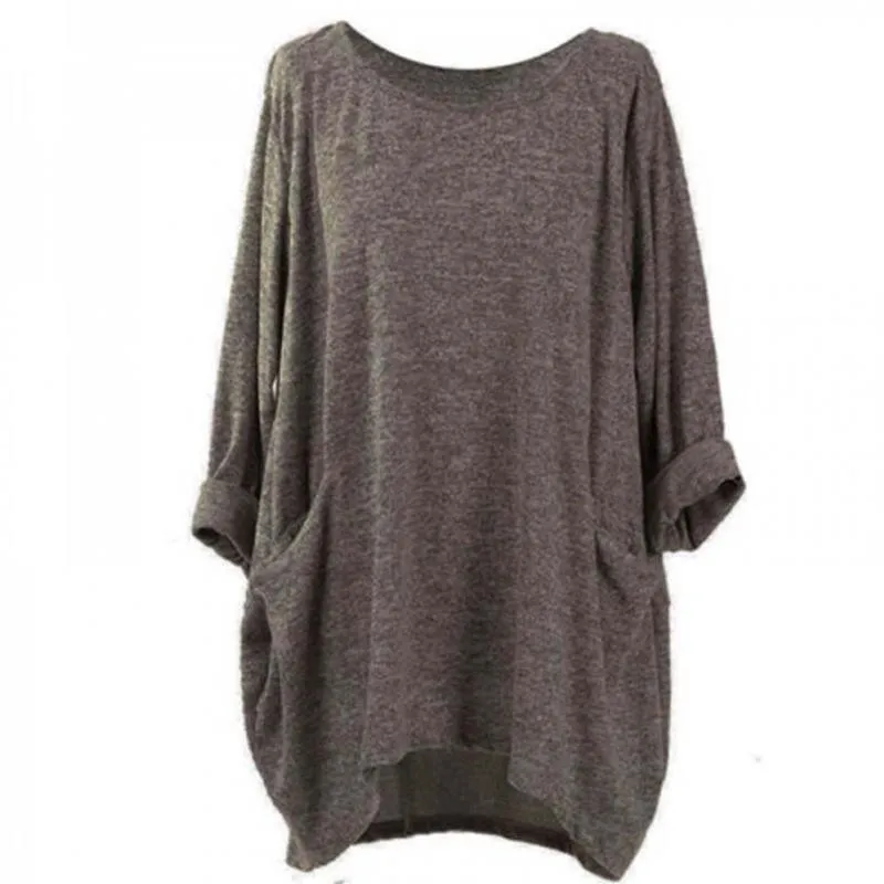 

Spring Women Plus Size Tunic Tops Loose Tee Shirt With Pockets Casual O Neck Long Sleeve Blouse Fashion Woman Blouses 2021