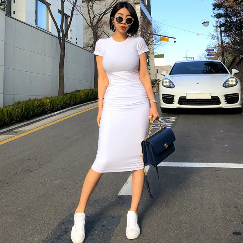 

Summer Tops New Korean Medium Length Short Sleeve High Waist Close Simple Hip T Shrit Sexy Dress Women's S378