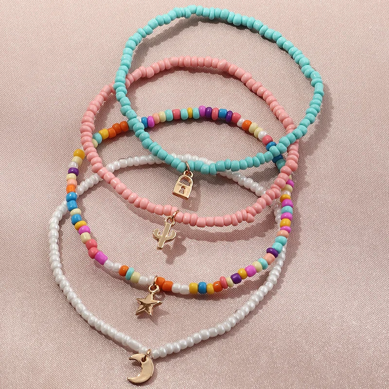 

4PCS/SET Bohemian Color Multilayer Anklet Women Mixed Star Moon Cactus Lock Pendant Summer Beach Casual Jewelry Friendship Gift