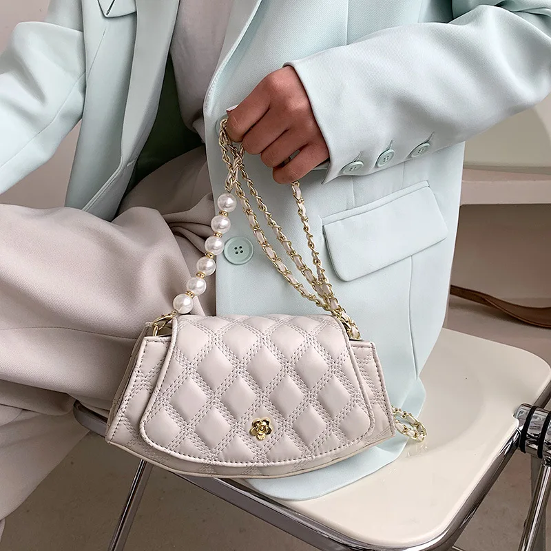 

Fashion Lingge Pearl Bag Women Autumn Crossbody Bag Western Style Black Pu Leather Luxury Brand Solid Color Chain Shoulder Bag
