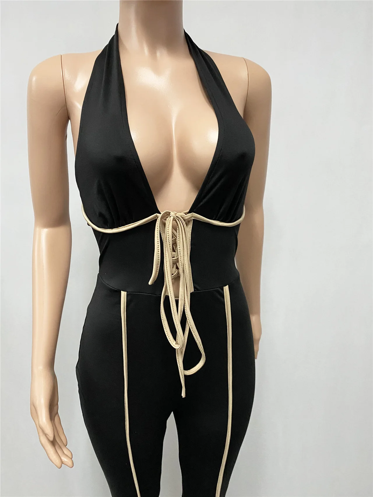 

Halter Summer Women Jumpsuit Sleeveless Line Up Backless Patchwork Bandage Sexy Club Overalls Party Outfits Fitness Clothes