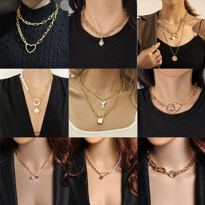 

Bohemian New Multilayer Heart Necklace For Women Fashion Gold Portrait Coin Pendant Thick Chain Necklaces Choker Party Jewelry