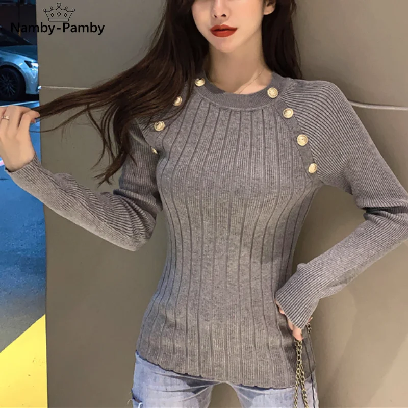 O Neck Long Sleeve Bottoming Woman Sweaters Full 2021 Chic Button Design Womens Tops Vintage Elegant Temperament Tshirts | Женская