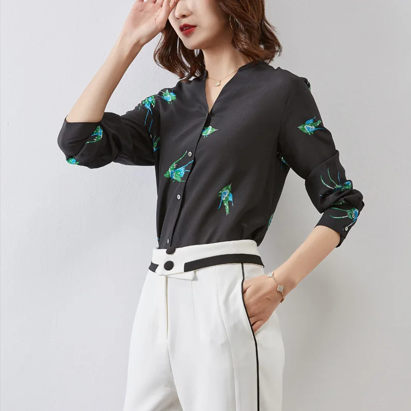Женские рубашки из натурального шелка с длинным рукавом и V образным вырезом