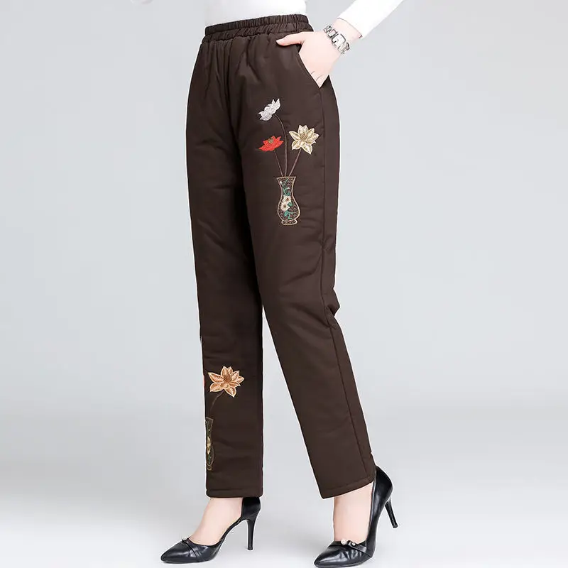 

2021 Winter Middle-aged Women Embroidery Trousers Fashion Down Cotton Warm Velvet Pants Mom Snow Wear Thick Straight Pants A354