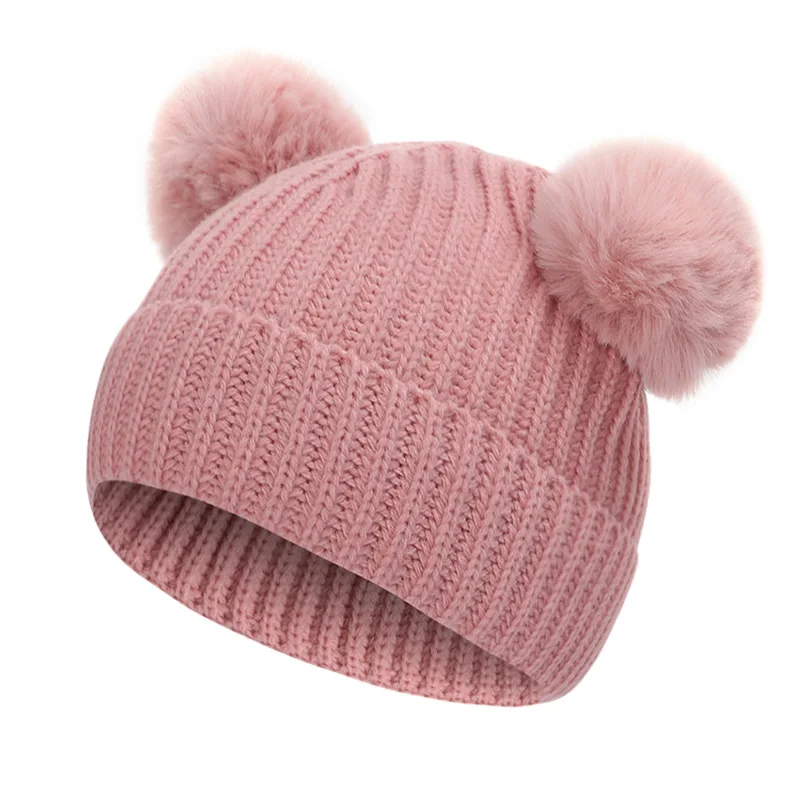 Pink-1 Новинка года, 2 предмета, зимняя шапка, шапка, шарф, Меховая детская шапка, шапка, хлопковый помпон, помпон, теплая вязанная шапочка, Детский пушистый шар, шапка, комплект, шапка - Цвет: Pink-1