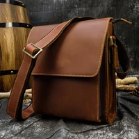 mens crazy horse leather shoulder bag ipad genuine leather messenger bag vintage casual travel bag durable leather book bag