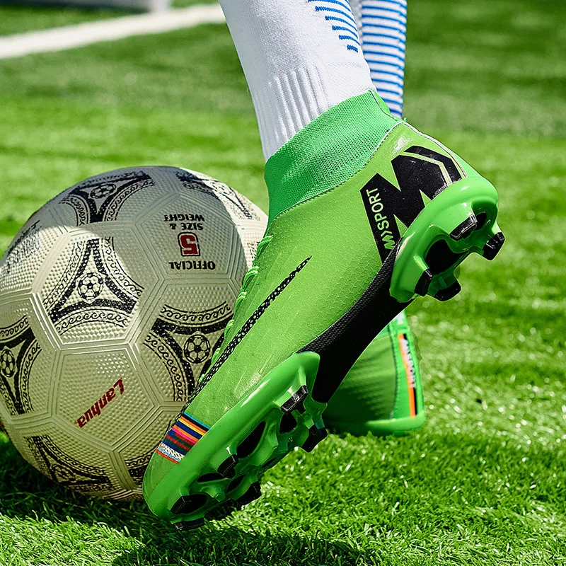 Men Football Boots Soccer Cleats Long Spikes TF Ankle High Top Sneakers Soft Indoor Turf Futsal Rubber Sole 22 |