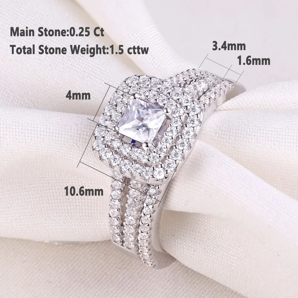 Wuziben 2 шт. 925 стерлингового серебра Свадебные Кольца для женщин 1.5Ct Принцесса Cut Белый Циркон Обручальное кольцо набор классических ювелирных изделий