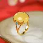 UBESTNICE Винтаж натуральный желтый камень 925 пробы цвет серебристый, Золотой покрытием для Для женщин подарок овальные янтарные любимой Регулировка размера кольца ювелирные украшения