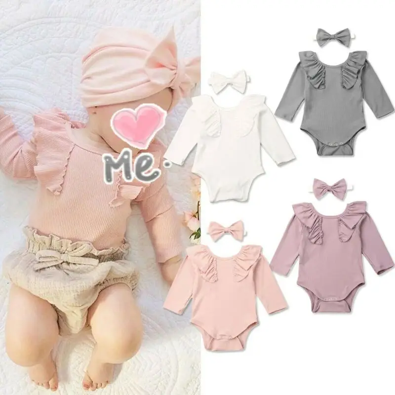 2019 Baby Spring Autumn Clothing Newborn Girl Clothes Set Ruffle Solid Ribbed Bodysuits Long Sleeve Jumpsuit +Headband 2PCS | Мать и