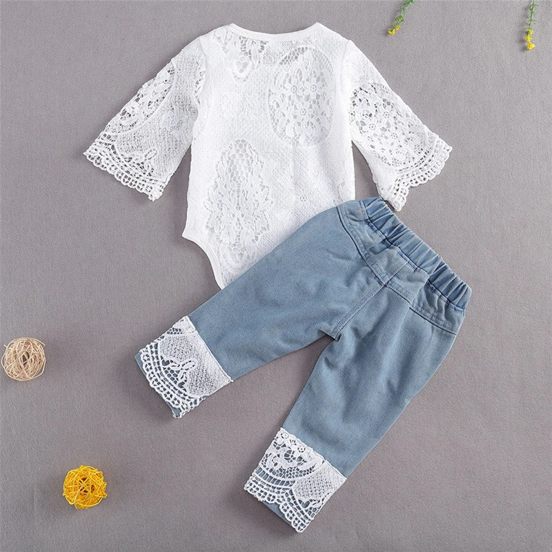 lioraitiin New 0-24M Baby Girls Fall Clothes Long Sleeve Lace Romper Suit Triangle Crotch Lace Top  Hole Long Jeans 2Pcs Outfit images - 6