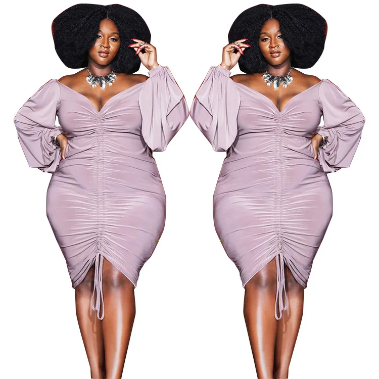 

2021 Summer Women Plus Size Knee-length Dresses Sexy Deep V-neck Lantern Sleeve Shirring Lace-up Bodycon Elegant Party Dress