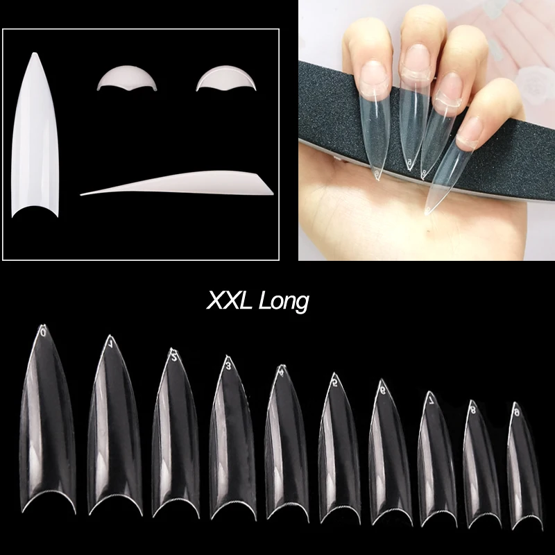 

500 Pcs/Bag Long Stiletto False Nails Clear Nature XXL Sharp End Acrylic Nails Tips Manicure Half Cover Artificial Nails Salon