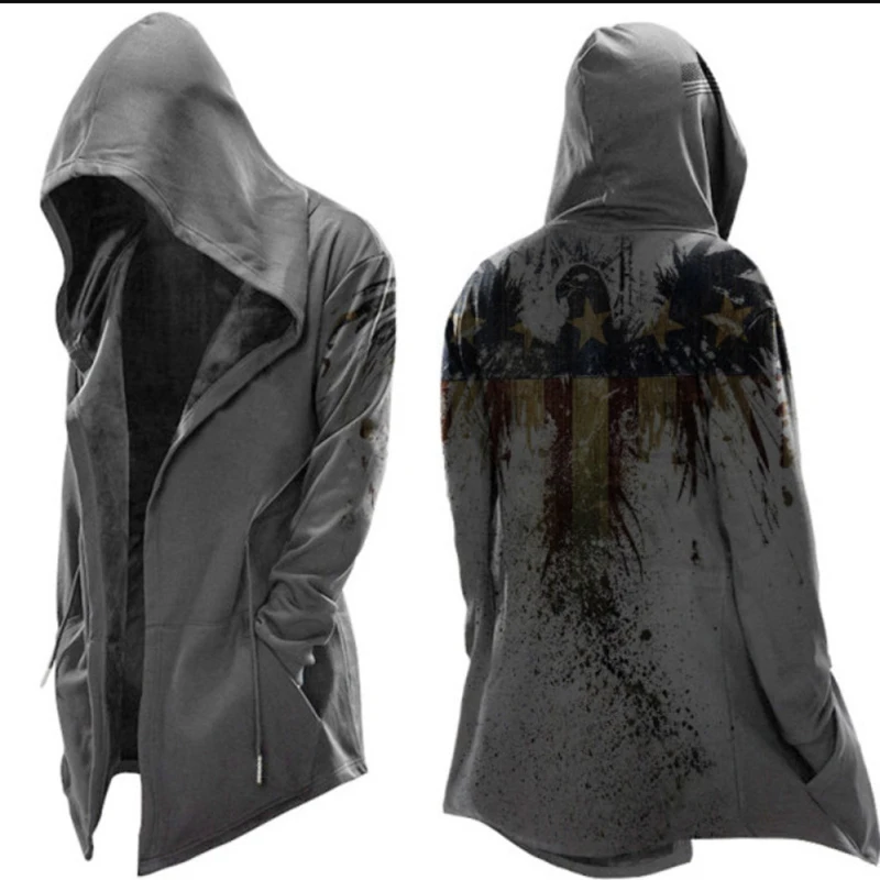 2021 New arrived men's retro hooded cardigan poncho steam punk cape cloak coat with pocket army green M-4XL images - 6