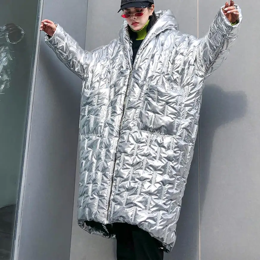 Зимний уличный стиль серебро фабричные блестящие плотное теплое пальто из