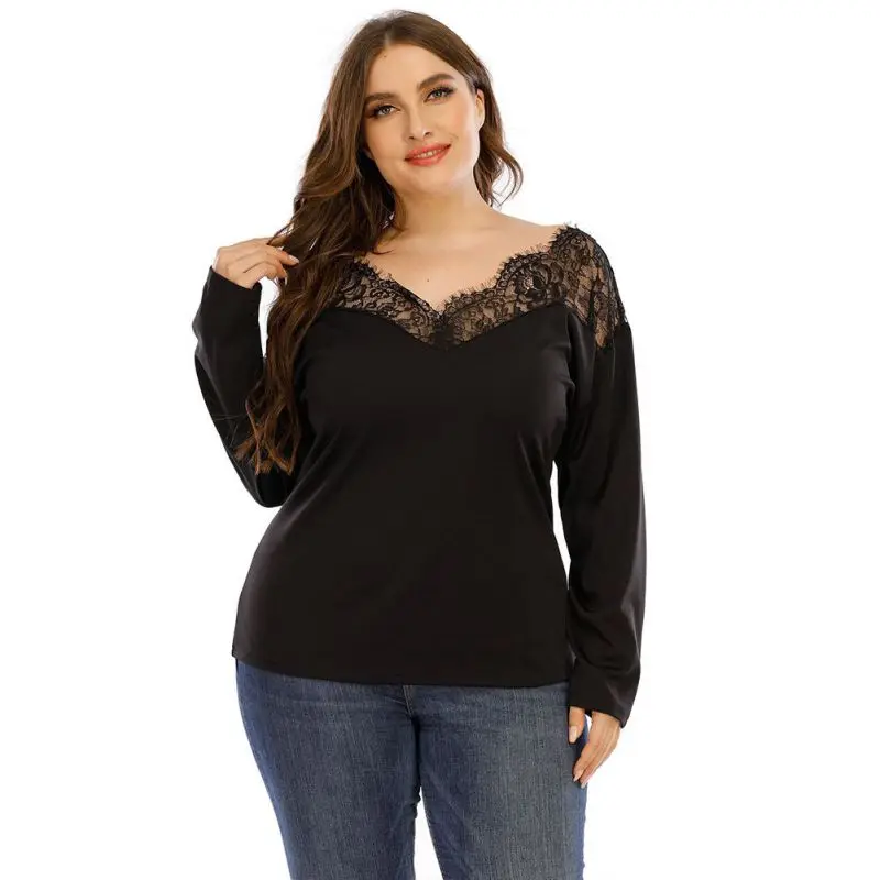 

Plus Size T Shirt for Women Spring Autumn Black Lace Long Sleeve V Neck Ladies Tees Tops Loose Casual T-Shirts