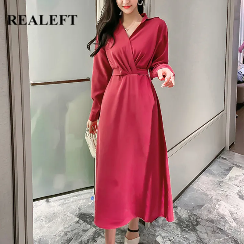 REALEFT осеннее элегантное женское платье рубашка с высокой талией и v образным