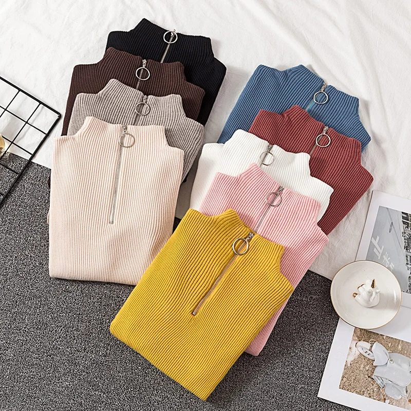 Женский пуловер на молнии с высоким воротником вязаный свитер Повседневные