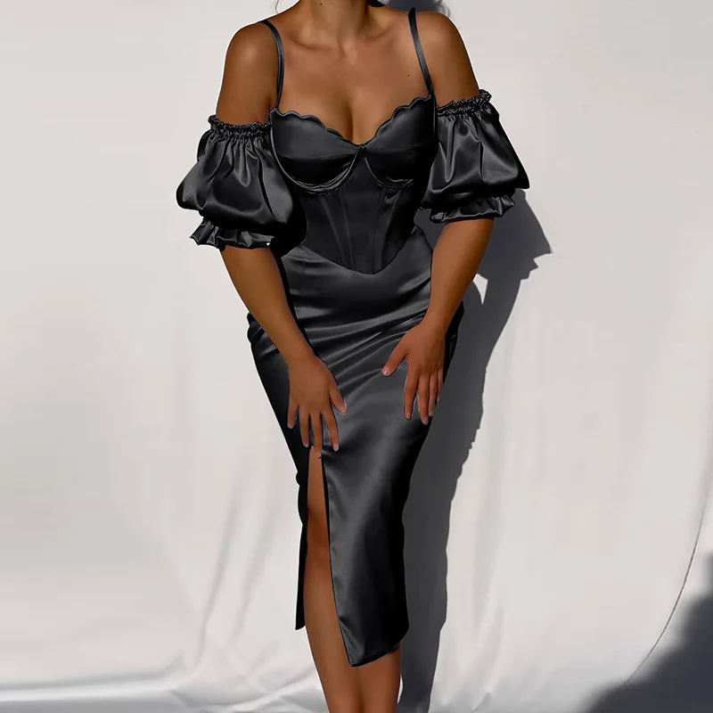 wsevypo Off Shoulder Lantern Sleeve Bodycon Dress Elegant Party Vestidos Vintage Women Slash Neck Straps Split Corset Dresses | Женская