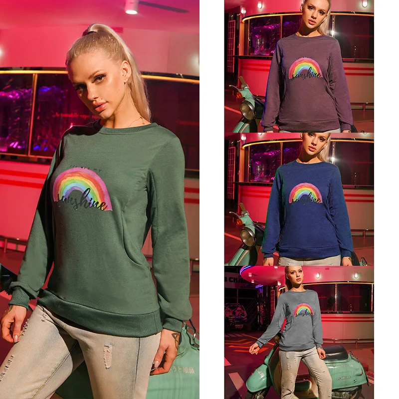 2020 fashion high Street slimming women's casual rainbow print with round neck and long sleeve head letter printing sweatshirt girls rainbow print sweatshirt