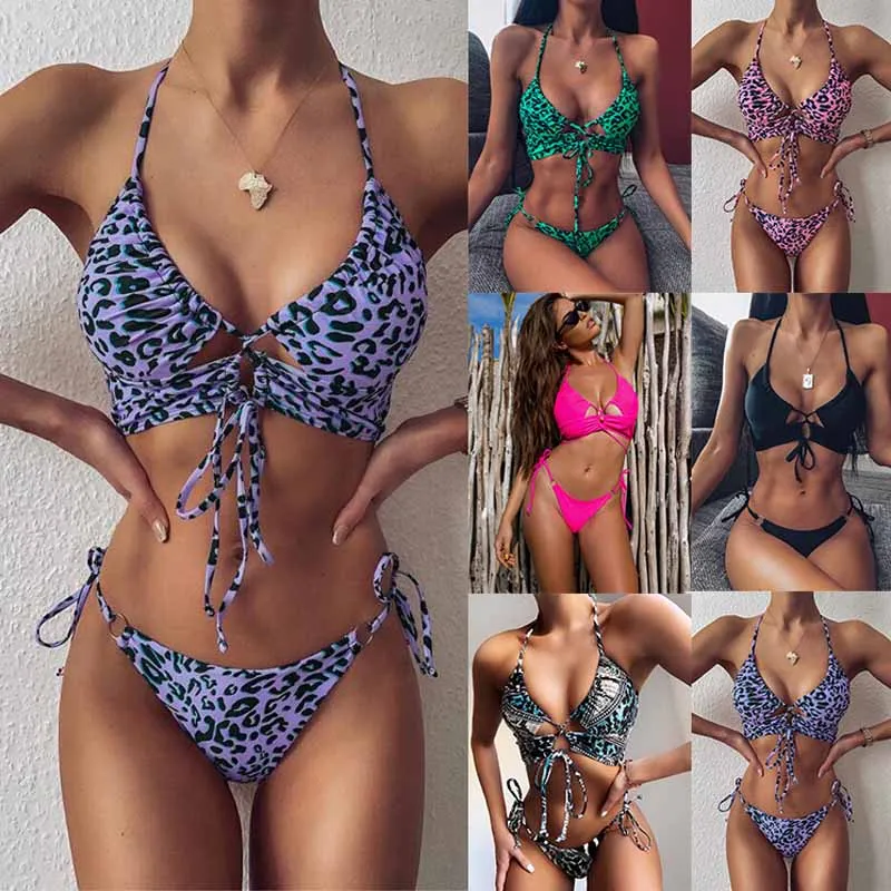 

Swimwear Women Tie Dye Halter Bikini Set Bathing Suit Beachwear Push Up Swimming Swimwear Sexy Bandage Swimsuit Bikini 2021