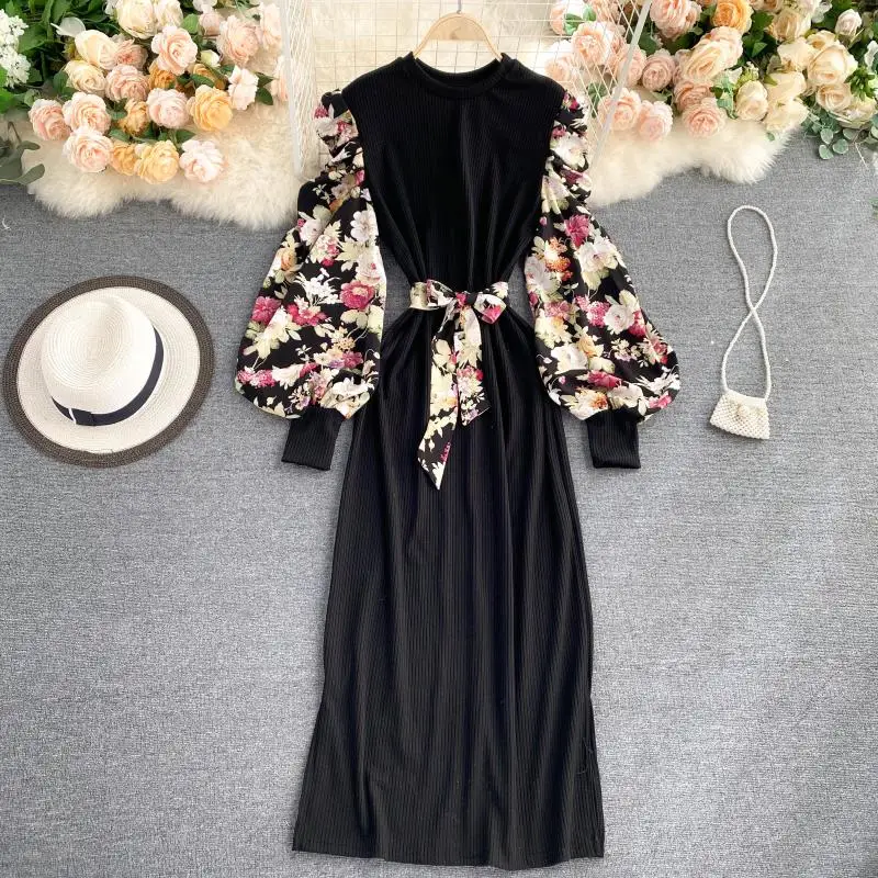 

Wavsiyier Long Sleeve Boho Party Dress A-line Elegant Vintage Autumn Spring Patchwork Print Floral 2021 Dresses Women High Waist